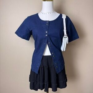 Blue Denim Linen Short Sleeve Blouse Clean Girl Cottage Core Coastal Minimalist